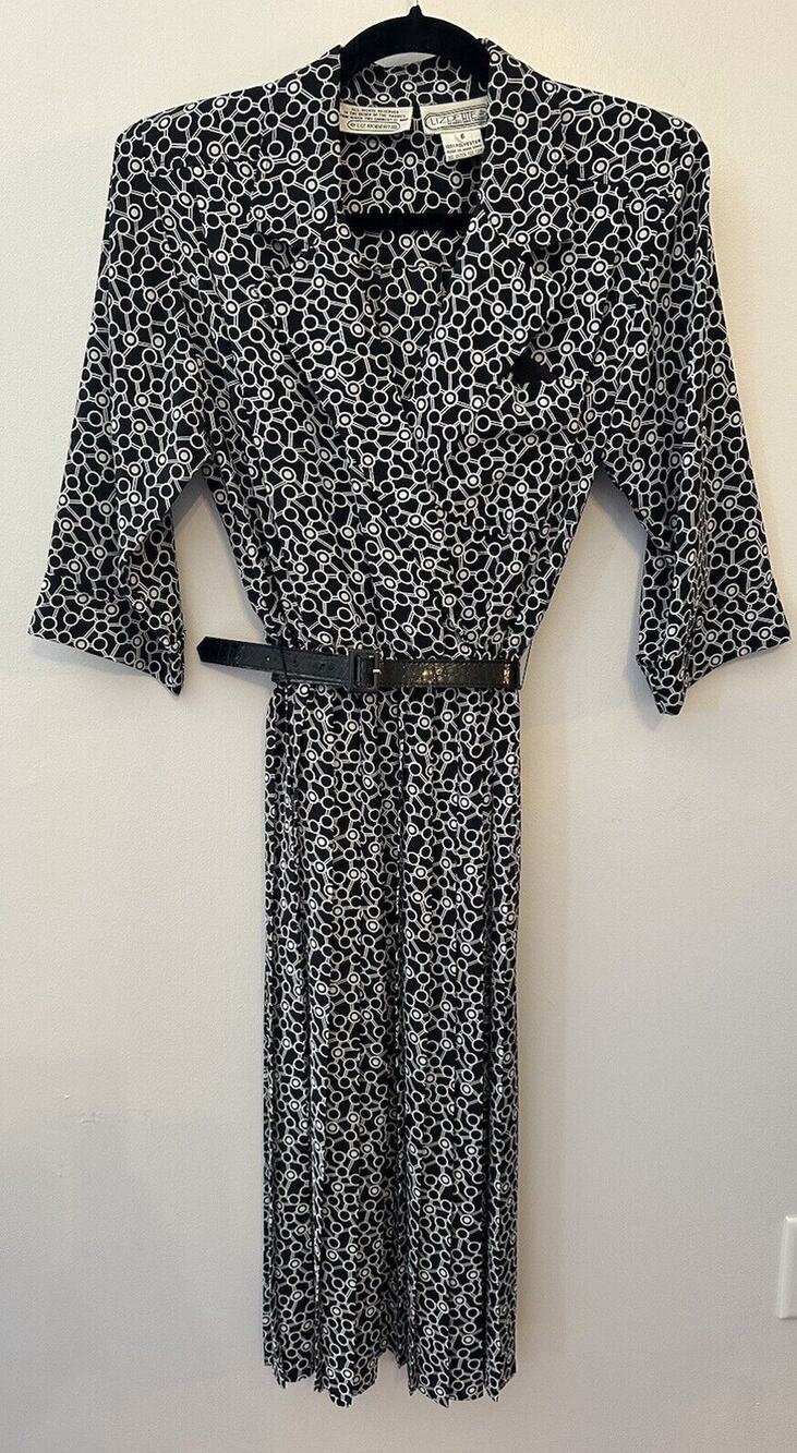 Liz Petites Black/ White Geometric Vintage Liz Midi Dress Size 6~3/4 Sleeves